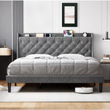 Garvee King Size Bed Frame with Charging Station and Wingback Storage Headboard, Button Tufted Upholstered Platform Bed with Adjustable Headboard, No Box Spring Needed, Noise-Free, Easy Assembly, Grey - Light Gray