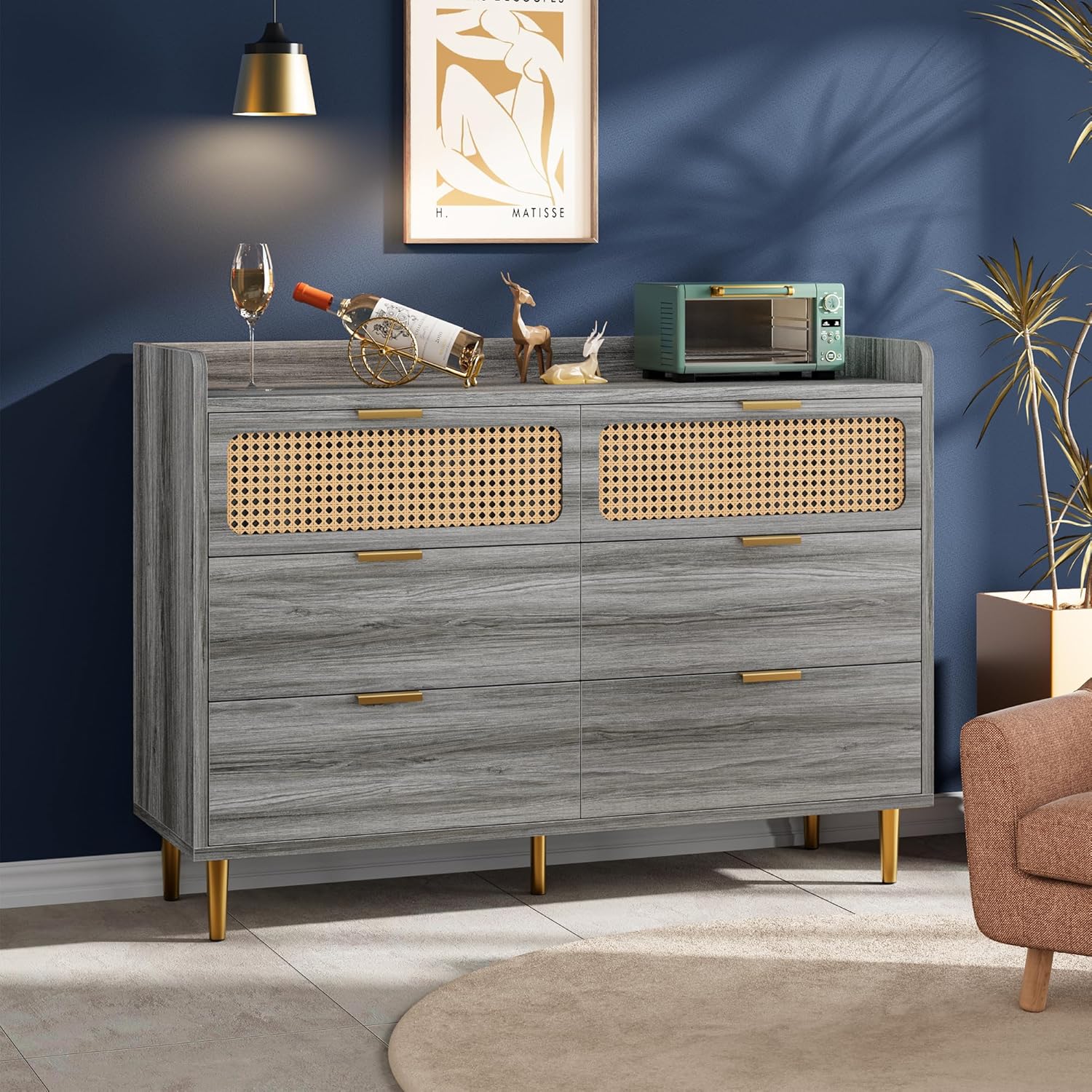 Garvee 6 Drawer Rattan Dresser, Narrow Wicker Chest of Drawer with Railed Edge, Metal Legs, Gold Handles, Farmhouse Wooden Storage Dresser for Bedroom, Living Room
