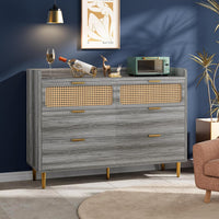 Garvee 6 Drawer Rattan Dresser, Narrow Wicker Chest of Drawer with Railed Edge, Metal Legs, Gold Handles, Farmhouse Wooden Storage Dresser for Bedroom, Living Room