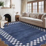 Garvee Bordered Dark Blue 8x10 Area Rug for Living Room Scalloped Washable Large Bedroom Rug Non Slip Stain Resistant Modern Border Dining Room Throw Carpet Scalloped Boho Rug for Home Decor Office Nursery - Dark Blue