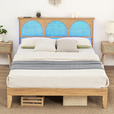 Garvee 12.4 Inch Deluxe Solid Wood Full Size Bed Frame + LED Lights + Curved Rattan Headboard + Wooden Support Legs + No Box Spring Needed + Easy Assembly + Modern Platform Bed + Suitable for Any Room Decor - White Oak