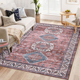 Garvee Vintage Washable Area Rug 5'x7' Boho Rug Faux Cashmere Non Slip Rugs for Living Room Bedroom Oriental Rug Mat Stain Resistant Throw Rug Kitchen Dining Home Office, Reddish Brown - Pink