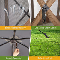 Garvee 10x10ft Portable Pop-Up Camping Gazebo - 6-Sided Canopy Screen Tent with Mesh Windows & Carry Bag for Outdoor, Picnic, Backyard Party, Brown