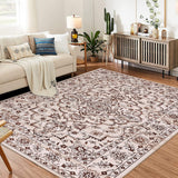 Garvee 4x6 Ft Boho Area Rugs, Modern Machine Washable Floral Rug for Living Room Bedroom, Ultra Thin Low Pile, Camel Red - Red Brown