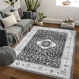 Garvee Bedroom Area Rug 5x7 Washable Indoor Area Rug Rug Vintage Distressed Area Rug Boho Floral Area Rug Non-Slip Floor Carpet Traditional Rug for Living Room Bedroom Kitchen Home Office, Black - Black