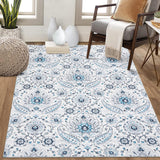 Garvee Washable Rug 9x12 Blue Vintage Paisley Floral Low Pile Non Slip Carpet for Living Room Dining Room Bedroom - Blue