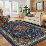 Garvee Monaco Collection Area Rug - 5' x 8', Navy Blue & Orange, Boho Chic Medallion Distressed Design, Non-Shedding & Easy Care, Ideal for High Traffic Areas in Living Room, Bedroom - Blue