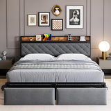 Garvee Full Bed Frame with RGB LED Lights Headboard & 2 Storage Drawers, Storage Headboard, Upholstered Platform Bed with USB Ports & Outlets, Noise Free, No Box Spring Needed, Grey - Grey