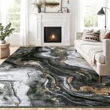 Garvee Modern Washable Rugs 5x7 Neutral Abstract Throw Rugs, Non-Slip Abstract Accent Carpet with Marble Swirl Pattern, Stain-Resistant Low Pile Indoor Carpet Rug for Living Room, Bedroom, Black - Black
