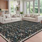 Garvee Floral 8x10 Black Area Rug Machine Washable Rug for Living Room Moroccan Trellis Indoor Accent Rug Stain Resistant Non-Slip Carpet Farmhouse Vintage Distressed Floral Floor Cover for Home Decor - Black