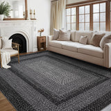 Garvee Bordered Black 10x13 Large Living Room Rug Braided Print Boho Accent Throw Carpet Farmhouse Rustic Rug with Rubber Backing Geometric Bordered Area Rug Bohemian Carpet for Bedroom Home Decor Office - Black