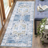 Garvee Runner Rug 2x10 Machine Washable Runner Rug for Hallway Entryway Blue Vintage Distressed Area Rugs Indoor Floor Cover Carpet Rug Soft Velvet Mat Foldable Accent Rug, 2'x10', Blue - Blue