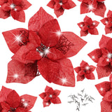 Garvee 15 Pieces Christmas Glitter Poinsettia with Clips Christmas Poinsettia Decorations Artificial Poinsettia Flowers Ornament Christmas Flowers for New Year Wedding Home Decoration 8.7inch/22cm Red - Red