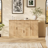 Garvee 58" Fluted Buffet Cabinet Sideboard with 4 Doors and 2 Drawers and Gold Handles for Dining Room and Kitchen, Oak - Oak