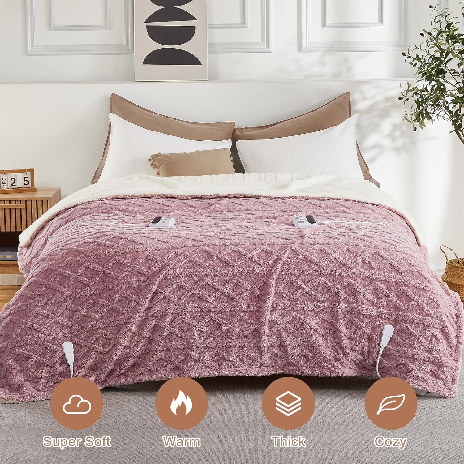 Garvee Electric Blanket Queen Size Dual Control - Thick Tufted Sherpa Heated Blanket Queen with 6 Heating Levels and 20 Time Settings, UL Certified Fast Heating Blanket Queen 84"×90", Dusty Pink