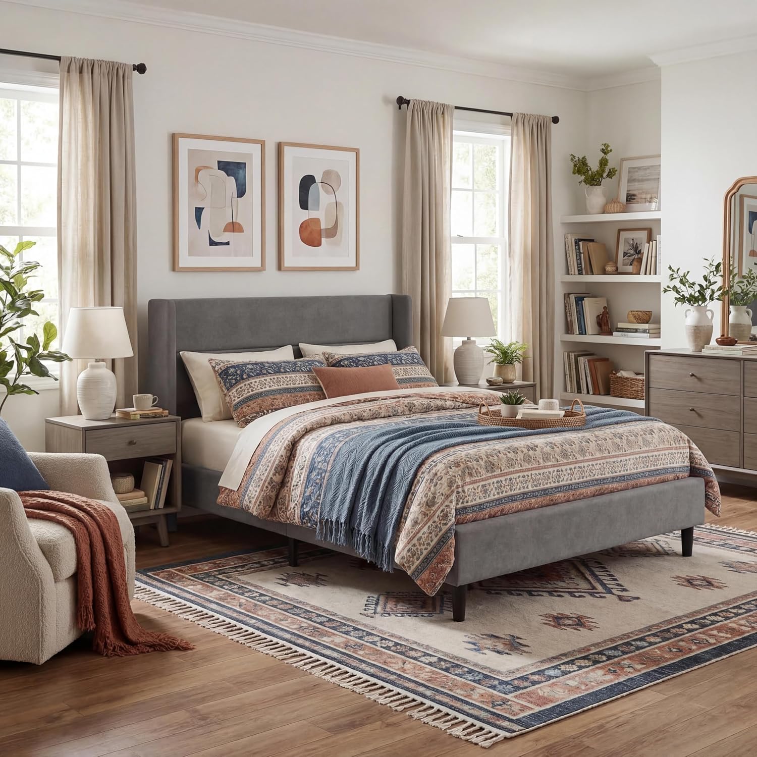 Garvee Full Bed Frame with Wingback Headboard, Velvet Upholstered Platform Bedframe with Sturdy Wooden Slats Support Full Size, No Box Spring Needed, Easy Assembly, Gray