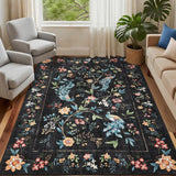 Garvee 4x6 Washable Area Rug Floral Peacock Soft Black Non Slip Low Pile Small Carpet for Living Room Bedroom Kids Room Office Dining Room - Black