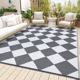 Garvee Outdoor Grey & White 8x10 Rug – Waterproof Reversible Plastic Straw Boho Patio Rug with 4 Stakes & Portable Bag, Outdoor Carpet RV Mat for Patio, Camping, Balcony, Deck, or Picnic - Gray & White