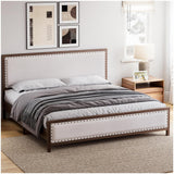 Garvee Full Size Metal Bed Frame, Upholstered Platform with Linen Headboard, Wood Grain Frame, Rivet Design, No Box Spring, Vintage Walnut - Walnut
