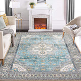Garvee Rugs for Living Room 8x10 Large Washable Rugs for Bedroom Large Aesthetic Rug Vintage Floral Printed Distressed Rug Soft Low Pile Non Slip Rug Playroom Carpet for Kids Room Nursery Office Teal - Blue