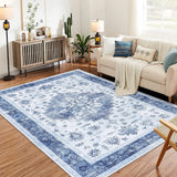 Garvee Area Rug, 10x13 Rugs for Living Room,Washable Vintage Rug, Non-Slip Low Pile Throw Soft Rugs with Rubber Backing, Washable Rugs, Kitchen Rugs,Vintage Rugs,Washable Rug, Carpet for Living Room - Blue