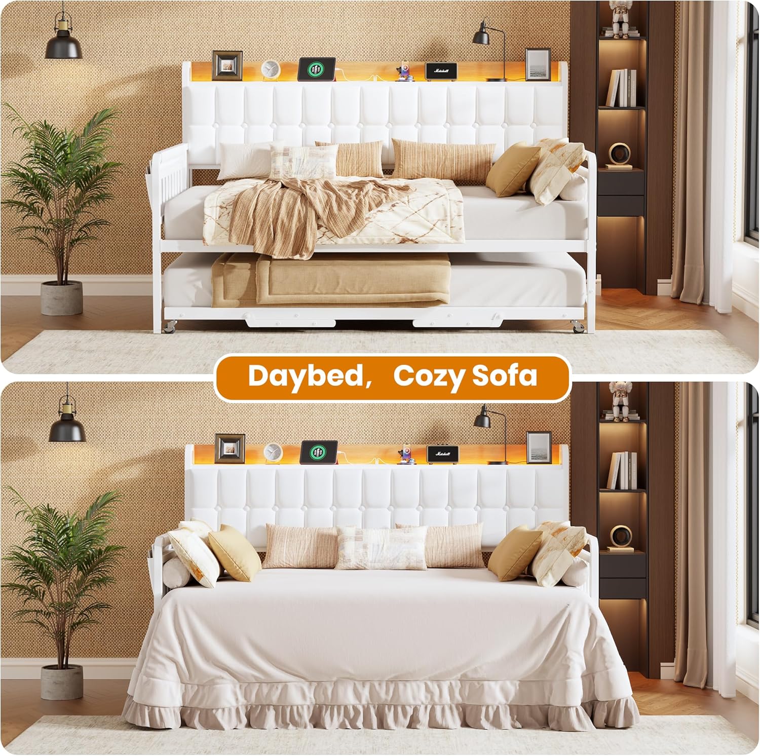 Garvee Daybed with Trundle, Twin Bed Frame with LED Light & Charing Station, Sofa Bed with Upholstered Storage Headboard and Heavy Duty Metal Slats, for Living Room, Bedroom, Guest Room, Gray/Beige