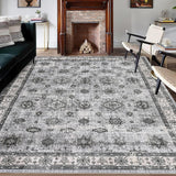 Garvee 8*10ft Vintage Area Rug - Washable Stain Resistant, Traditional Distressed Mat, Retro Floral Print, Non-Slip, Foldable Thin Carpet for Living Room, Dining Room, Office.Gray Tone - Gray
