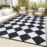 Garvee 9×12 Outdoor Rug, Waterproof Reversible Black & White Geometric Patio Rug, Lightweight PP Plastic Straw Rug with Stakes for RV, Deck, Balcony & Camping - Black & White