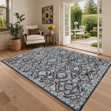 Garvee Washable 9x12 Rugs for Living Room Large Boho Rug Low Pile Soft Bedroom Throw Mats Retro Trellis Navy Ultra Thin Non-Slip Carpet - Navy Blue