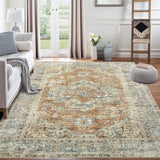 Garvee Washable Rugs for Living Room Orange 3x5 Rug Non Slip Rubber Backing Vintage Medallion Design Boho Distressed Area Rug Floor Mat Low Pile Rugs for Bedroom Dining Room Laundry Nursery Rug - Orange