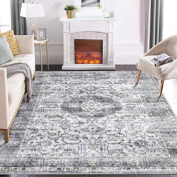 8x10 area rug with washable low pile surface for living room or fireplace decor in gray vintage floral pattern