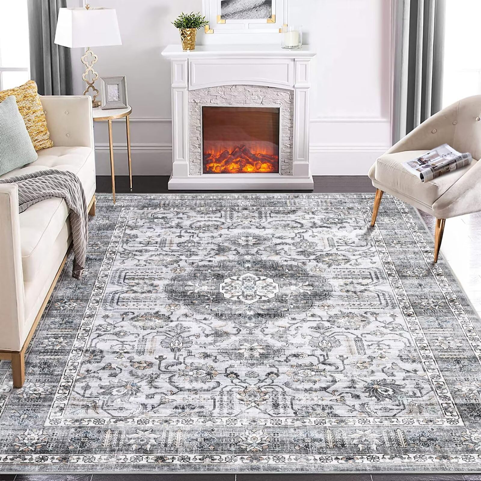 8x10 area rug with washable low pile surface for living room or fireplace decor in gray vintage floral pattern