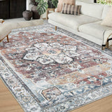 Garvee Foldable Rug 8x10 Vintage Indoor Retro Distressed Floor Cover Rust Chenille Mat Washable Accent Rug Non-Slip Thin Rug Low Pile Accent Rug Living Room Bedroom Dining Room Dorm - Brown & Khaki