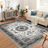 Garvee 10x13 Area Rugs, Washable Vintage Rug, Non-Slip Low Pile Throw Soft Rugs with Rubber Backing, Area Rug Rugs for Living Room,Vintage Rugs Medallion Carpet for Bedroom Dining Room Kitchen.Grey - Gray
