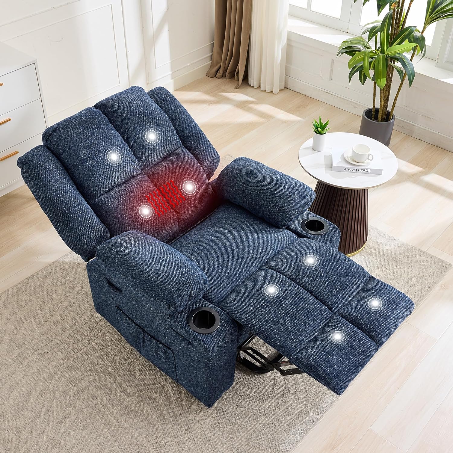 Garvee Oversized Power Lift Recliner Chair for Elderly, 155° Adjustable Lay Flat Lift Chair with Heat and Massage, Standing Assistance, Overstuffed Backrest, Cup Holders, Side Pocket for Living Room, Blue