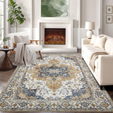 Garvee Washable Area Rugs 9x12 Living Room Rug Neutral Vintage Distressed Floral Farmhouse Boho Large Rug Soft Floor Rug Indoor Non Slip Carpet for Living Room Bedroom Dining Room Office,Orange - Yellow