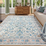 Garvee Washable Area Rug 8x10 Boho Floral Soft Non Slip Low Pile Carpet for Living Room Bedroom Blue - Blue
