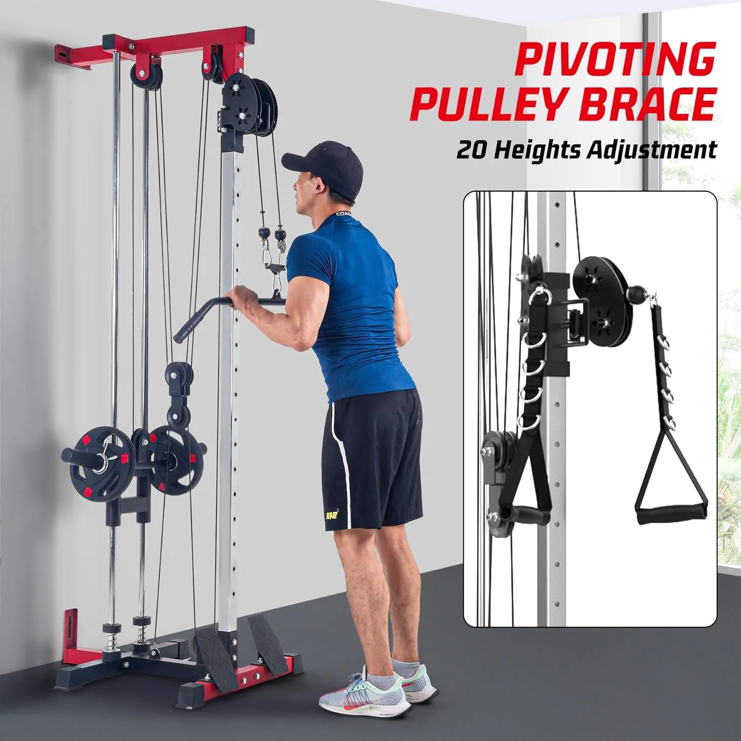 Garvee Wall Mount Cable Machine, LAT Pulldown Machine with Adjustable Pulley System for Home Gym, Cable Crossover Machine with 20 Positions, Weight Pulley System, Cable Towel, Red