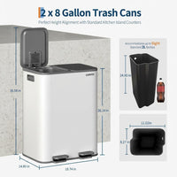 Garvee Stainless Steel Dual Compartment Trash Can 2 x 8 Gal Kitchen Recycling Bin Grayish-White