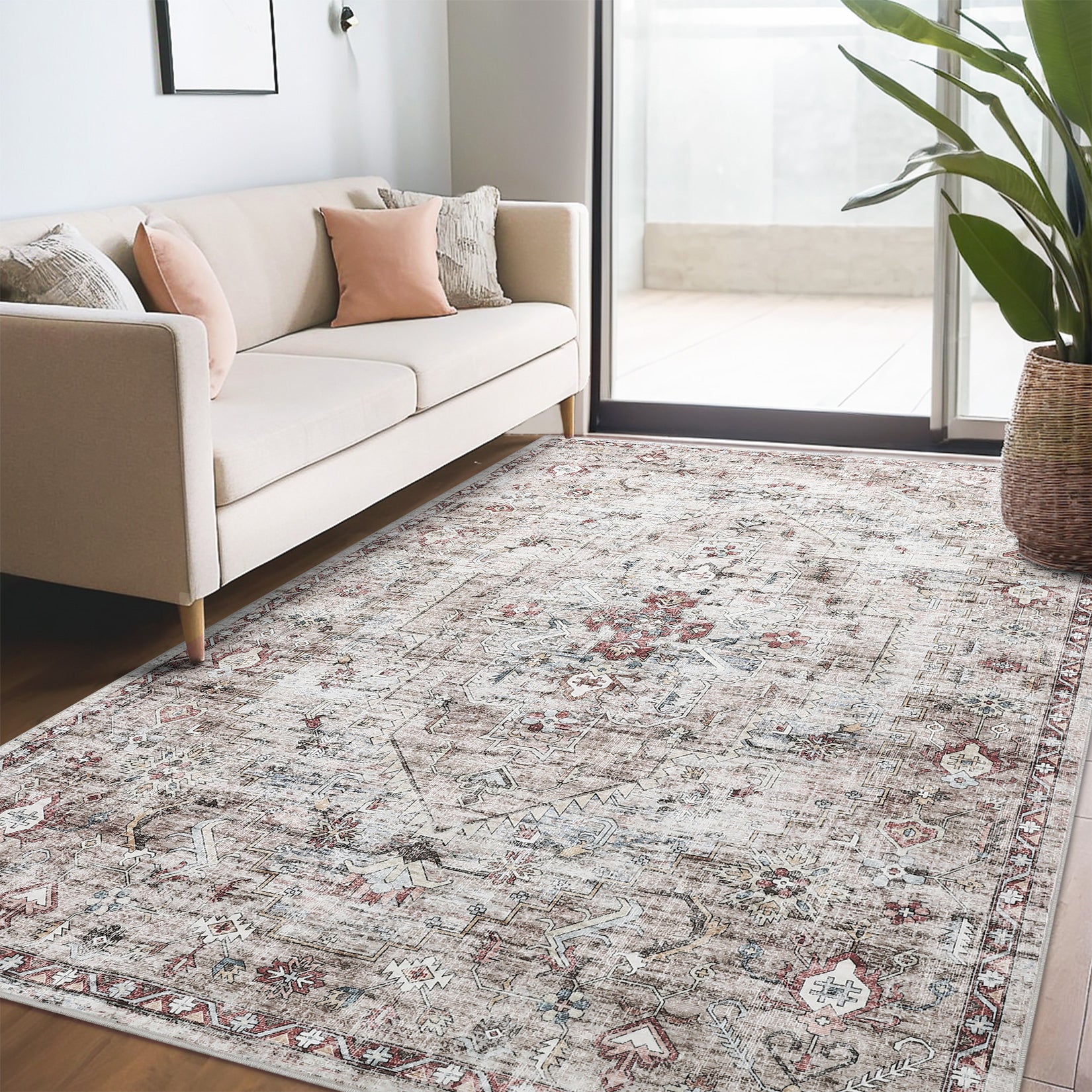 Garvee Modern Vintage Brown 9x12 Washable Rug, Non Slip Oriental Distressed Low Pile Carpet for Living Room, Office, Bedroom