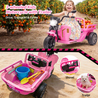 Garvee Ride P Series 3-Wheels Electric Tricycle w/Trailer, 12V Battery Powered Kids Motorcycle with Sand Shovel, 2x55W Motors, Bluetooth, Music, Headlight, Ride on Motorcycle for Kids Toddlers, Gift for Boys Girls, Pink