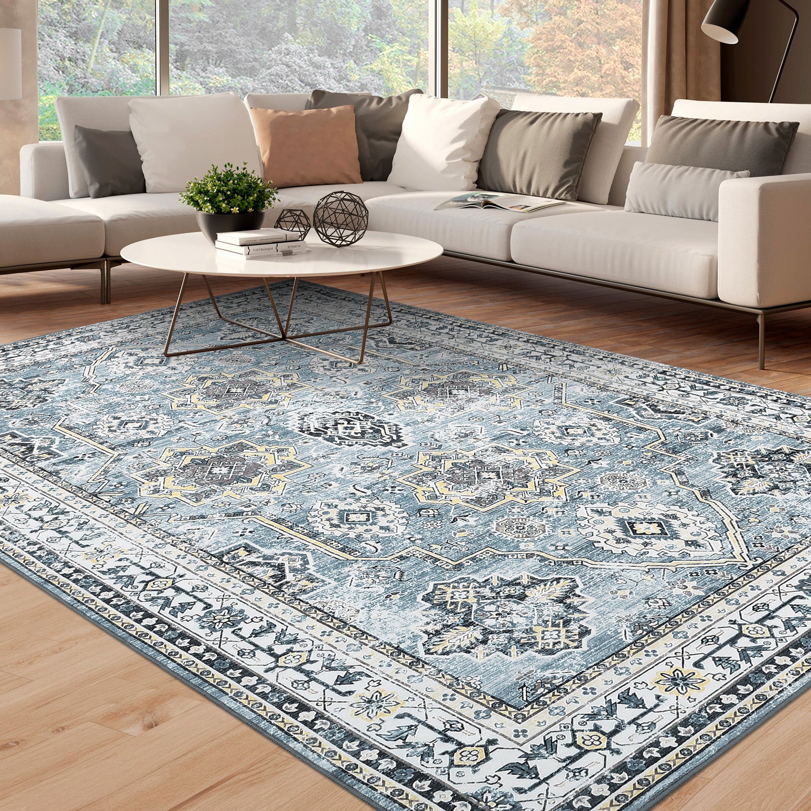 Garvee Blue 9x12 Washable Rugs for Living Room Boho Vintage Rug Non Slip Large Area Rug Soft Non Shedding Throw Rugs Stain Resistant Carpet for Bedroom Office Dining Room Nursery