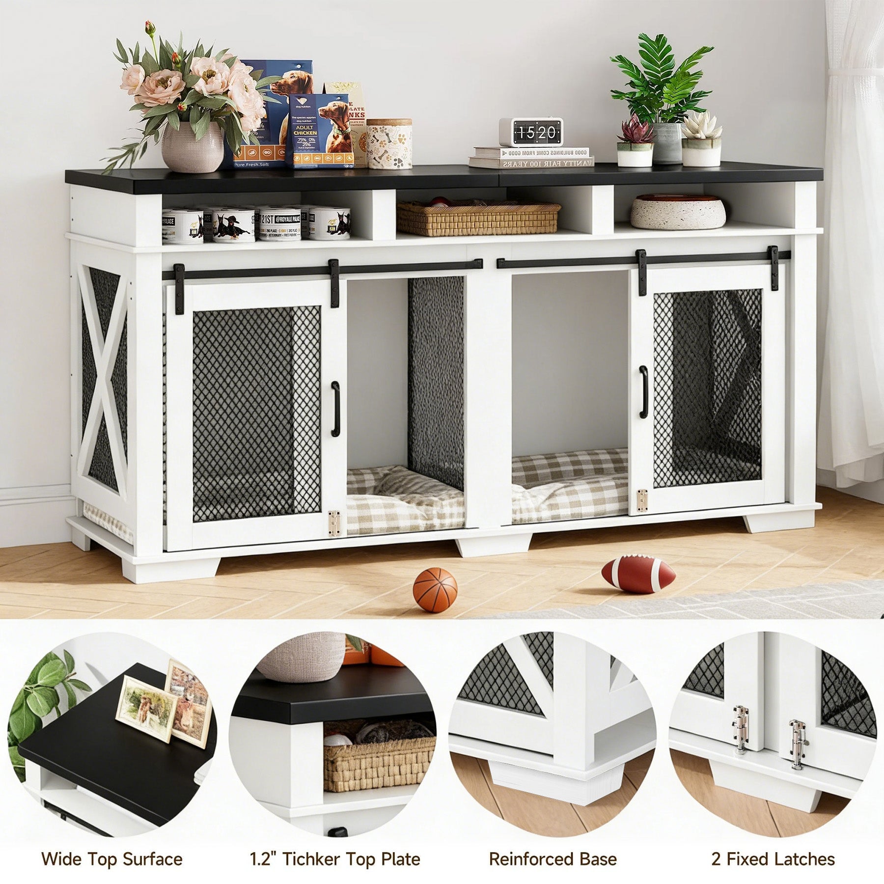 Garvee Dual-Panel Dog Crate Furniture, 71" Heavy Duty Dog Kennel Furniture with 3 Storages and Removable Divider, Double Dog Crate Table Indoor TV Stand for Large Medium Dogs, Black&White