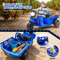 Garvee Ride P Series 3-Wheels Electric Tricycle w/Trailer, 12V Battery Powered Kids Motorcycle with Sand Shovel, 2x55W Motors, Bluetooth, Music, Headlight, Ride on Motorcycle for Kids Toddlers, Gift for Boys Girls, Dark Blue