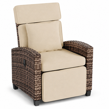 Garvee Outdoor Rattan Recliner Chair with Cushion, Adjustable Patio Lounge Chair with Footrest, Flip-Up Side Table & 145° Reclining Backrest for Porch, Balcony, Poolside, Brown Rattan + Khaki Cushion