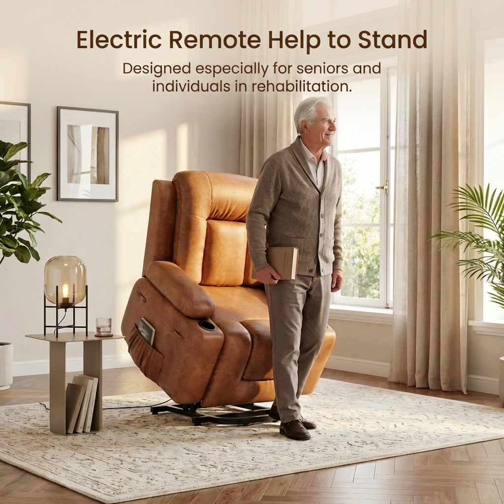 Garvee Power Lift Recliner Chair - Heat and Massage, Adjustable Back and Legs, PU Leather Electric Lift Chair Designed for Mobility Aid Elderly Relaxation, Brown