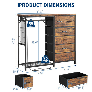 Garvee Multi-Functional 6-Drawer Dresser with Hanging Rail & Open Shelves – Fabric Storage Unit & Metal Frame Closet Organizer for Bedroom – Rustic Brown – 6 Compartments