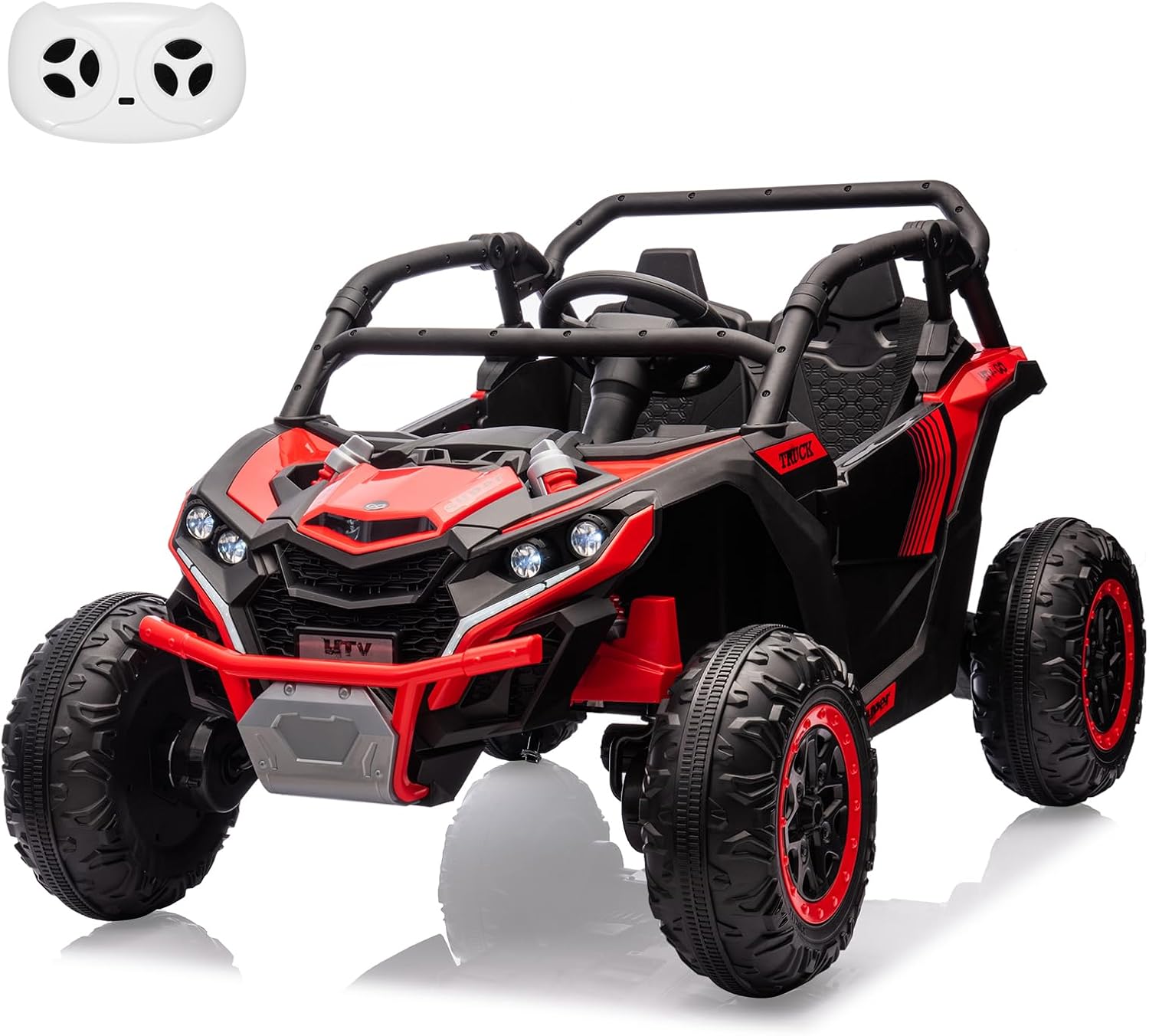 Garvee Ride - P Series: 24V Ride On Utv For Kids,2 Seater 4WD Electric Truck With Remote Control, High And Low Speed Adjustment, Led Lights,4-wheel shock absorption,One Click Start, Music Player (Red)