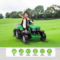 Garvee Ride - P Series: 12V Ride On Car with Trailer, Battery Powered Electric Vehicle Toy 35W Dual Motor, Led Lights, Horn, Music USB, Safety Belt, Green