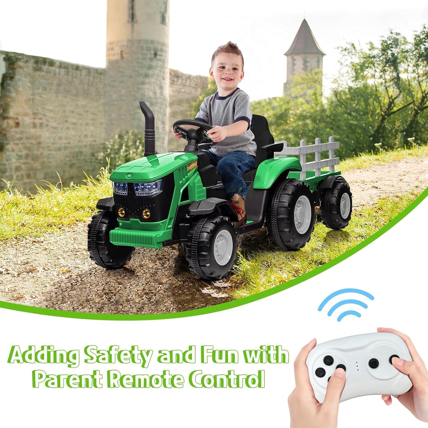 Garvee Ride - P Series: 12V Ride On Car with Trailer, Battery Powered Electric Vehicle Toy 35W Dual Motor, Led Lights, Horn, Music USB, Safety Belt, Green